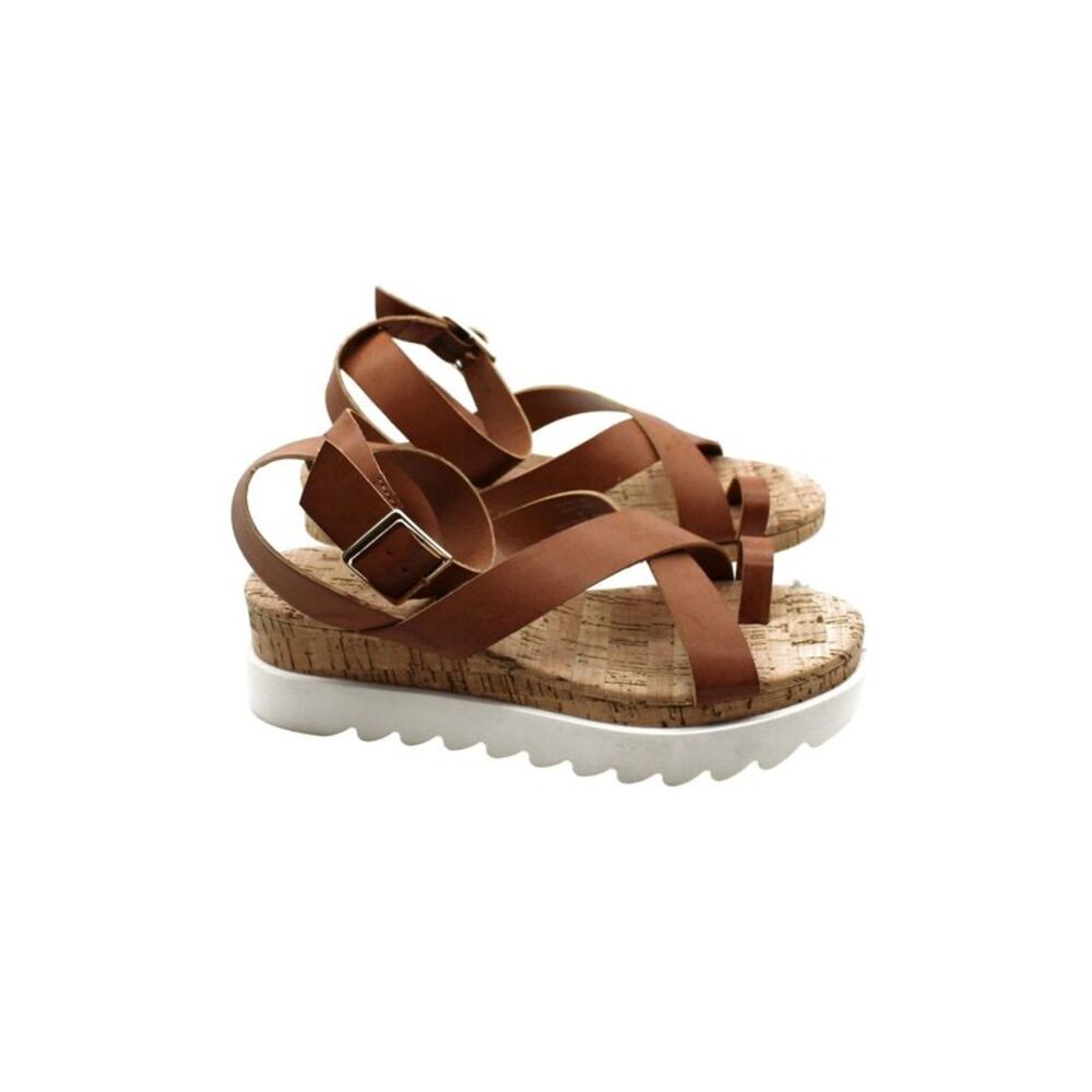 SUN STONE Womens Brown Treaded Phoebii Round Toe Wedge Heeled Sandal 8.5 M